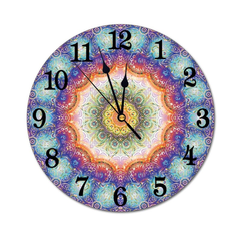 Abucaky Mandala Wall Clock Battery Operated Silent Non Ticking Round Clock Bohemian Peacock Feathers Wall Decor for Home, Office, School 9.8 Inch - Image 1